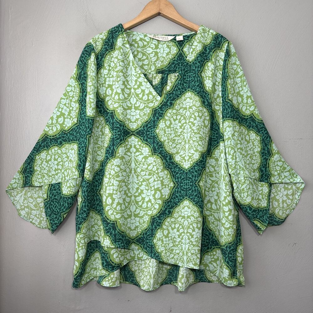 Beautiful Lawrence Zarian Top Size Large Green Popover Blouse Fairy Boho Celtic